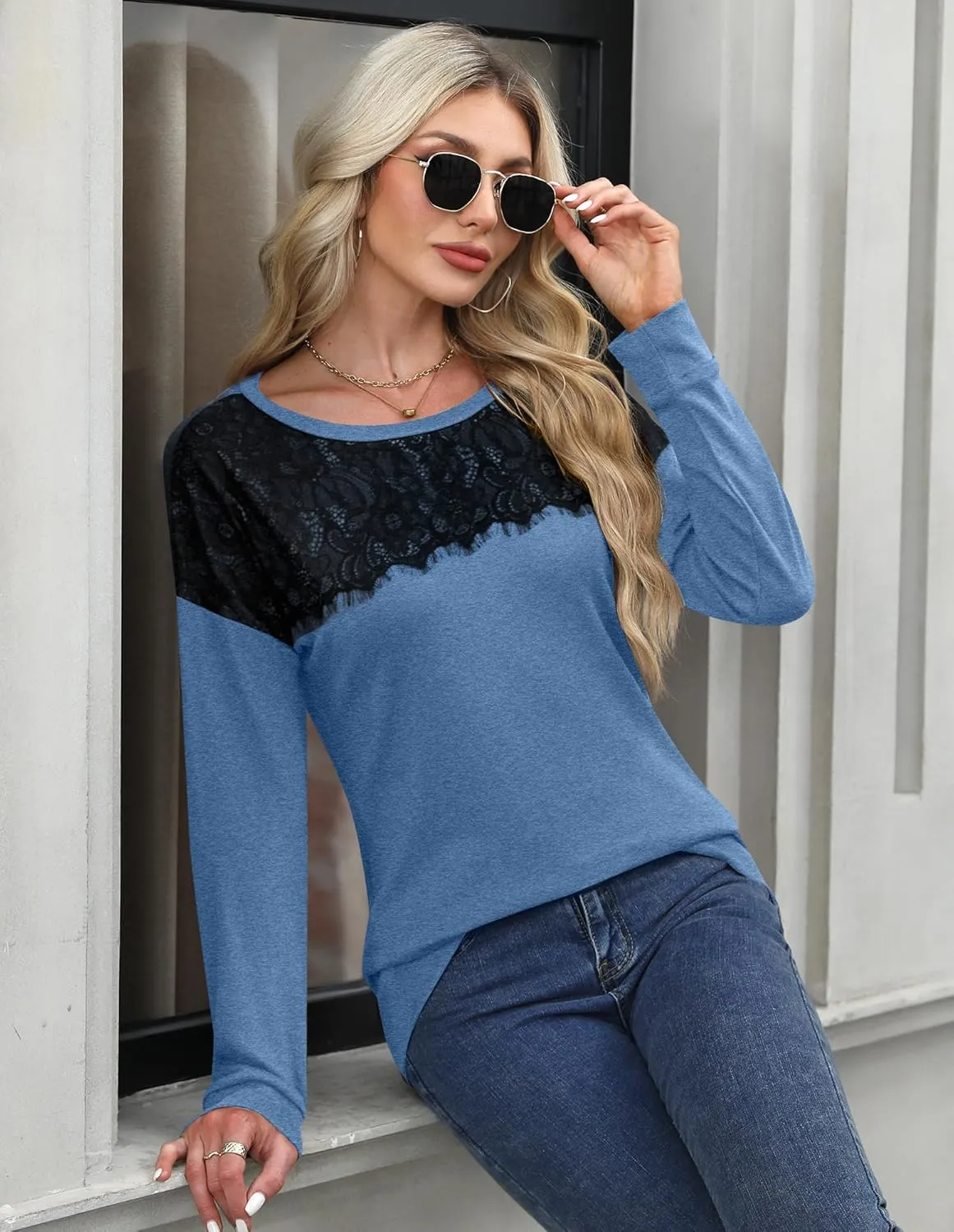 For G and PL Women's 2024 Fall Winter Long Sleeve Crewneck Lace Top Shirt Dressy Casual Elegant Sweatshirt