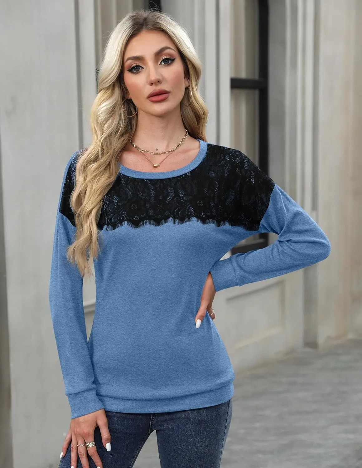 For G and PL Women's 2024 Fall Winter Long Sleeve Crewneck Lace Top Shirt Dressy Casual Elegant Sweatshirt