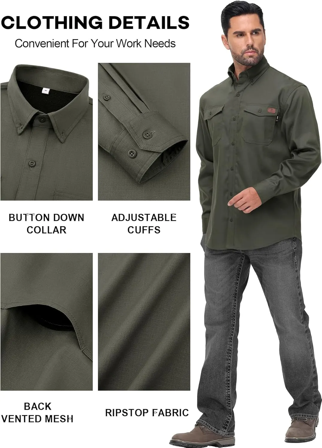 FR Shirt for Men 6oz Ripstop Lightweight Back Vented Mesh Breathable Flame Resistant CAT2 NFPA2112 Welding Shirts