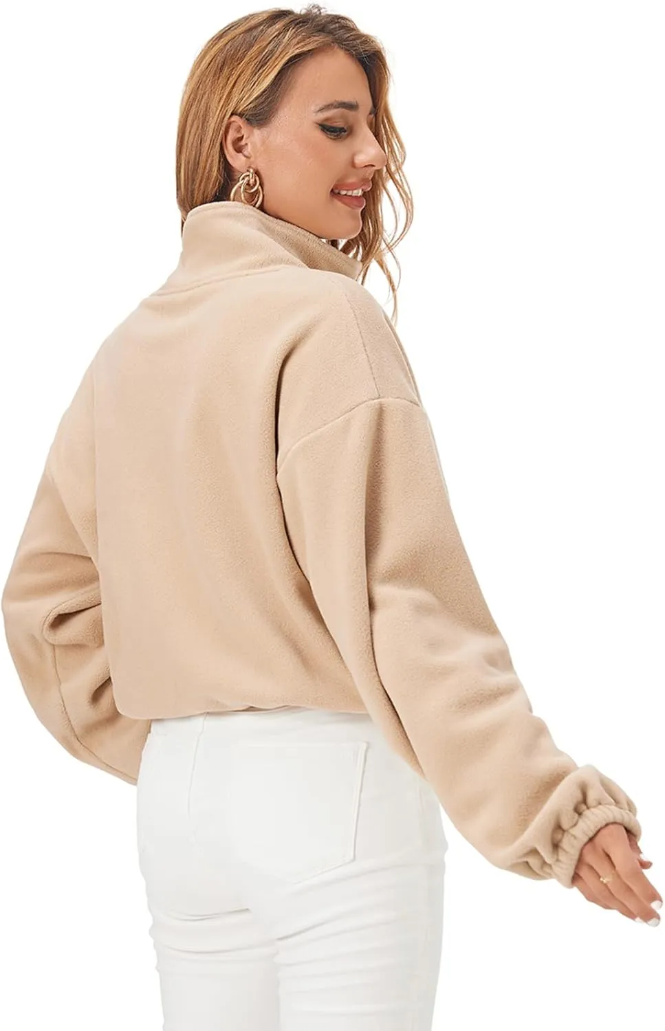 Fuinloth Women's Fleece Crop Jacket, Oversized, High Stand Collar Long Sleeve Coat