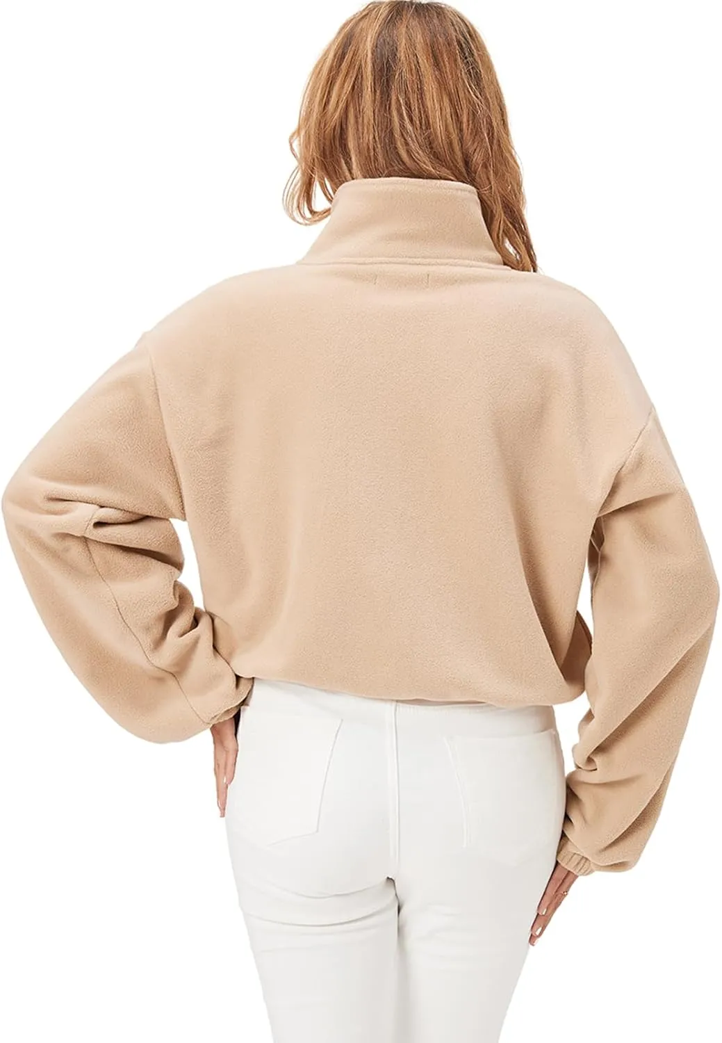 Fuinloth Women's Fleece Crop Jacket, Oversized, High Stand Collar Long Sleeve Coat