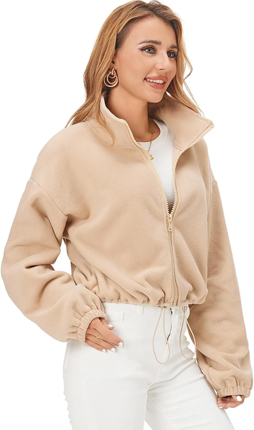 Fuinloth Women's Fleece Crop Jacket, Oversized, High Stand Collar Long Sleeve Coat