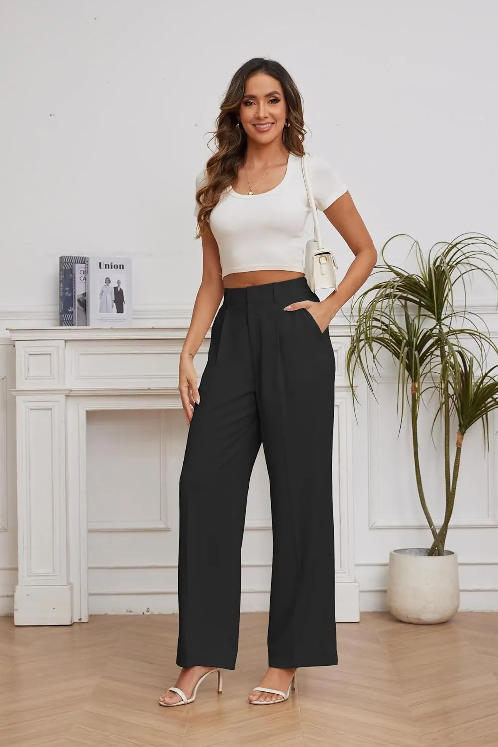 FUNYYZO Women Suit Pants Wide Leg Pants High Elastic Waisted in The Back Business Work Trousers Long Straight