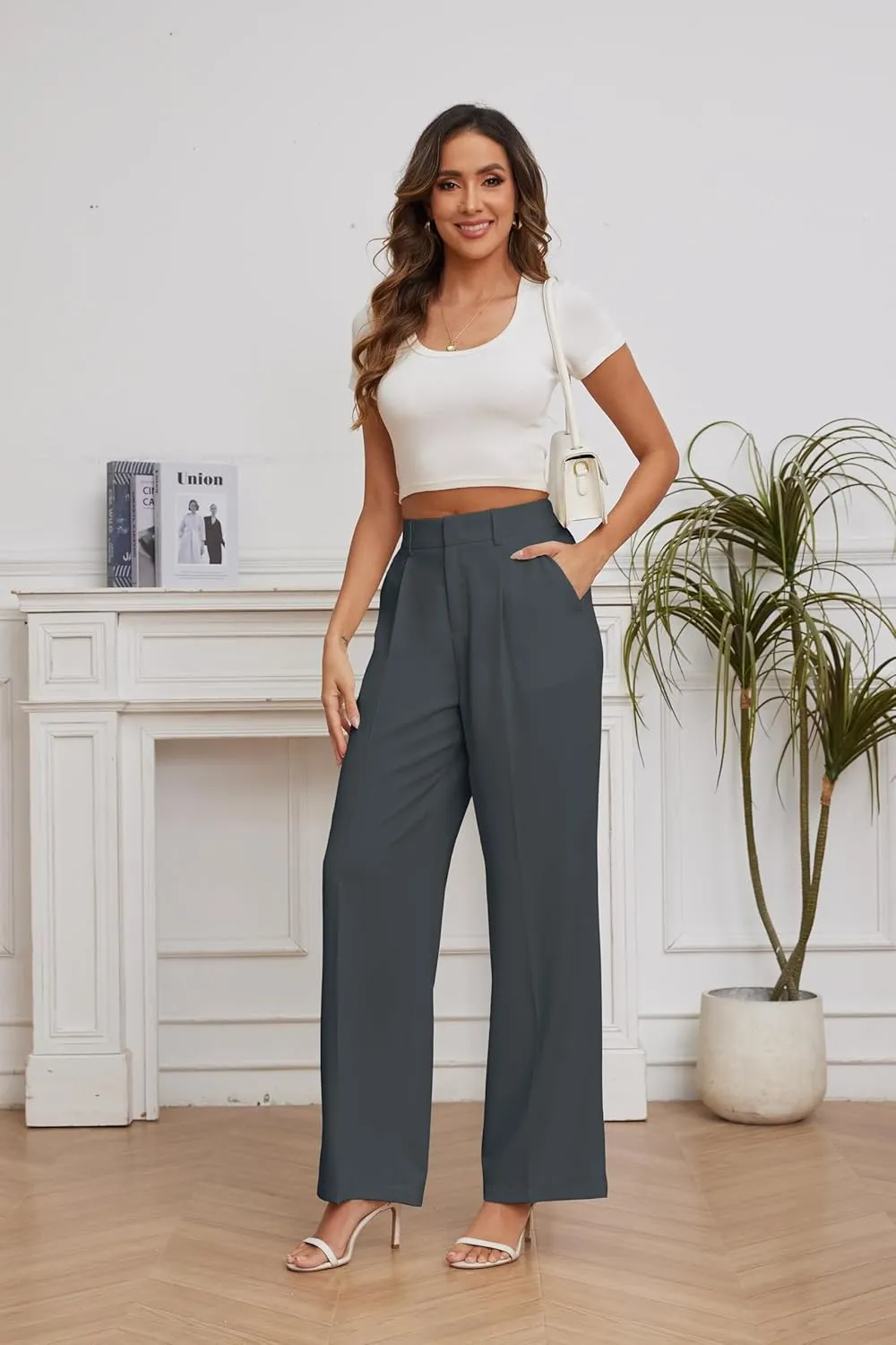 FUNYYZO Women Suit Pants Wide Leg Pants High Elastic Waisted in The Back Business Work Trousers Long Straight