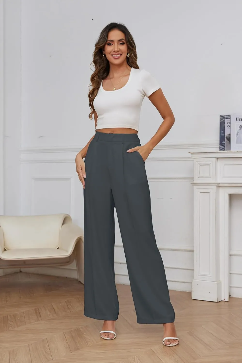 FUNYYZO Women Suit Pants Wide Leg Pants High Elastic Waisted in The Back Business Work Trousers Long Straight