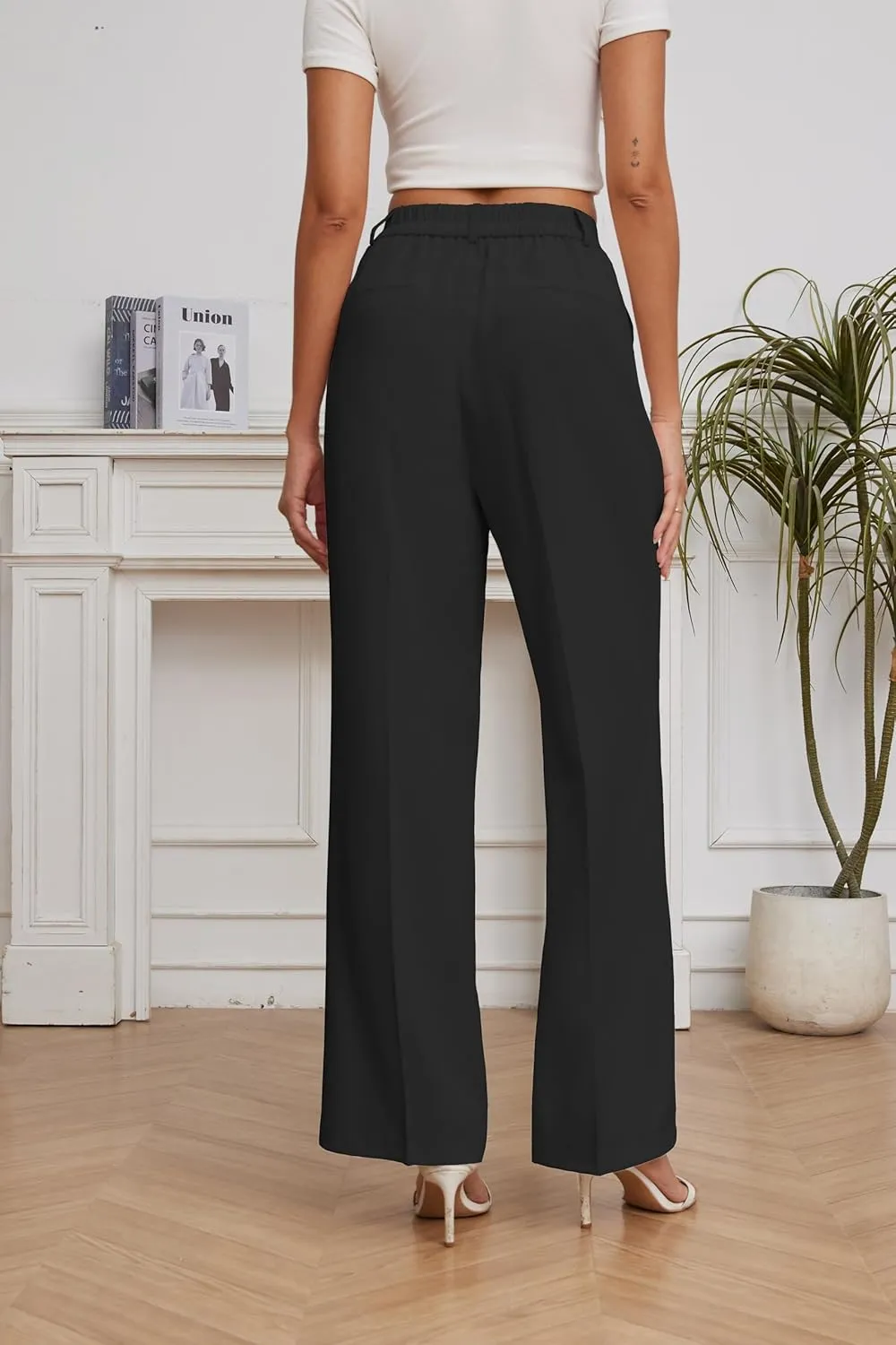 FUNYYZO Women Suit Pants Wide Leg Pants High Elastic Waisted in The Back Business Work Trousers Long Straight