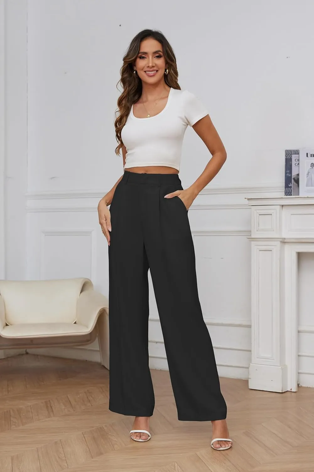 FUNYYZO Women Suit Pants Wide Leg Pants High Elastic Waisted in The Back Business Work Trousers Long Straight