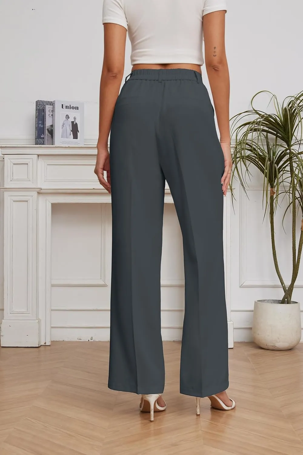 FUNYYZO Women Suit Pants Wide Leg Pants High Elastic Waisted in The Back Business Work Trousers Long Straight