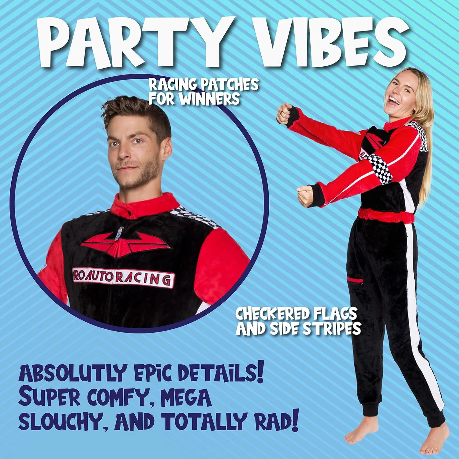 Funziez! Slim Fit Racecar Driver and Fighter Pilot One Piece - Plush Adult Couple Costume Jumpsuit