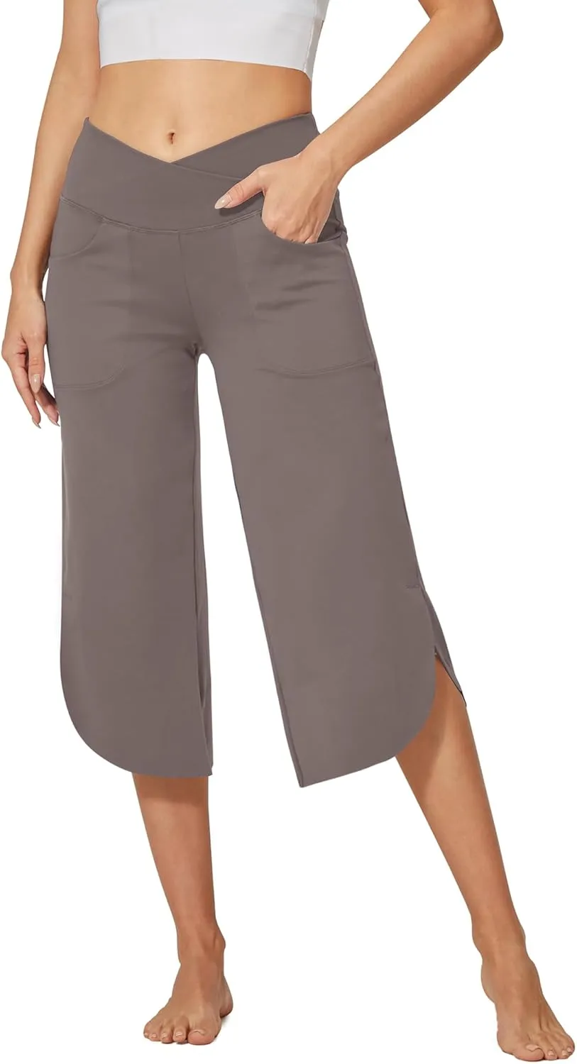 G4Free Capri Pants for Women Wide Leg Yoga Pants for Summer Flowy Capris Loose Casual Cropped Pants with Pockets