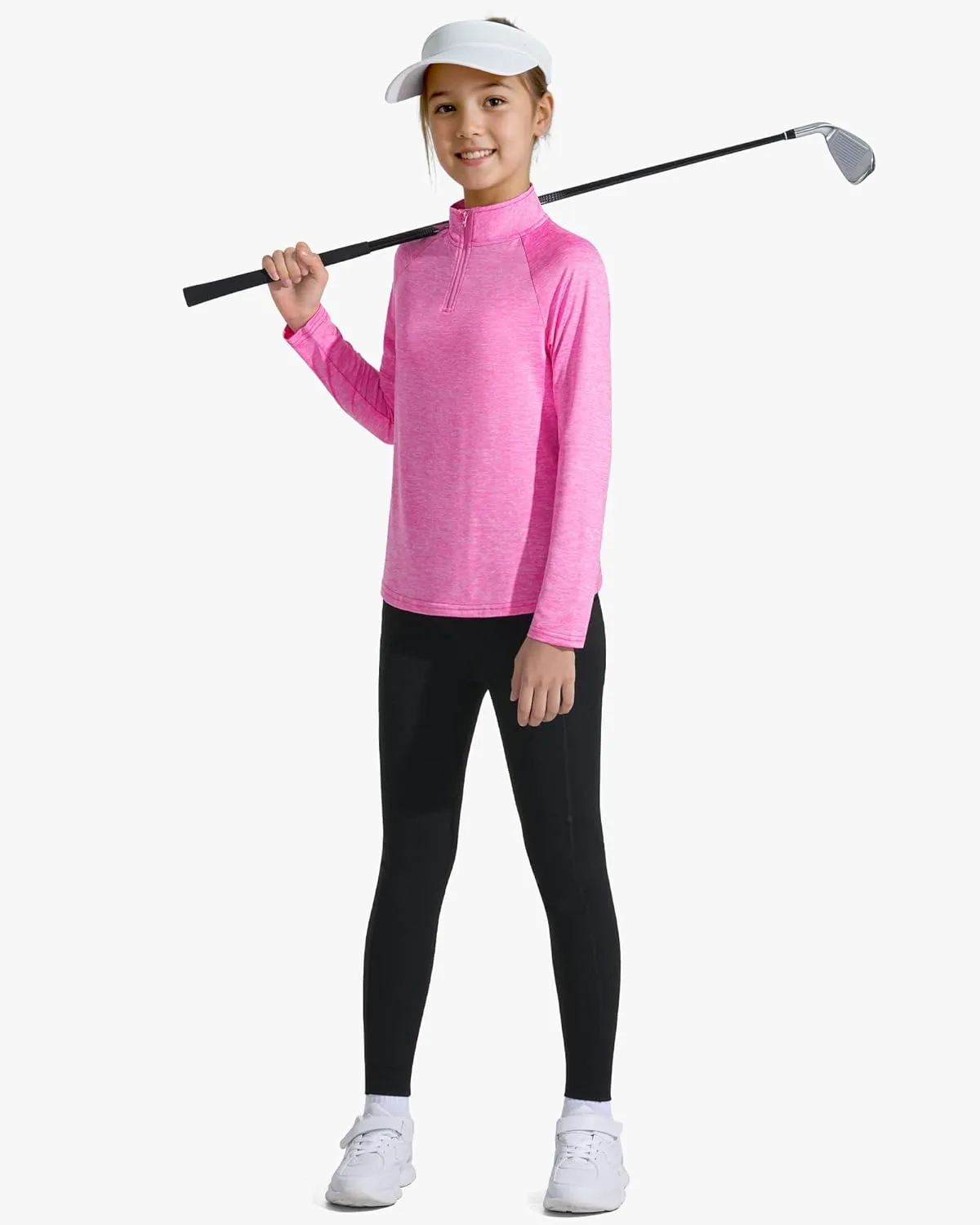 Girls Long Sleeve Shirts Quick Dry Athletic Tops Quarter Zip Pullover Kids Teens Sportswear for Golf Yoga Tennis 5-14 Years