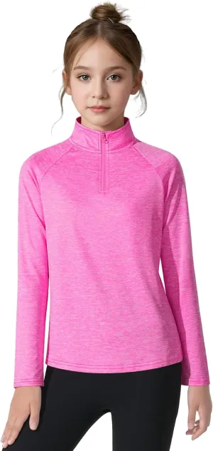 Girls Long Sleeve Shirts Quick Dry Athletic Tops Quarter Zip Pullover Kids Teens Sportswear for Golf Yoga Tennis 5-14 Years