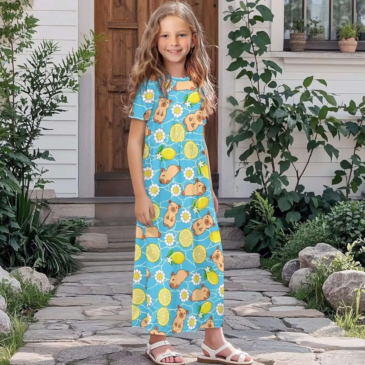 Girls Maxi Dress with Pockets Short Sleeve Swing Flowy Dress Holiday Dresses Summer Beach Sundress for 5-14 Years