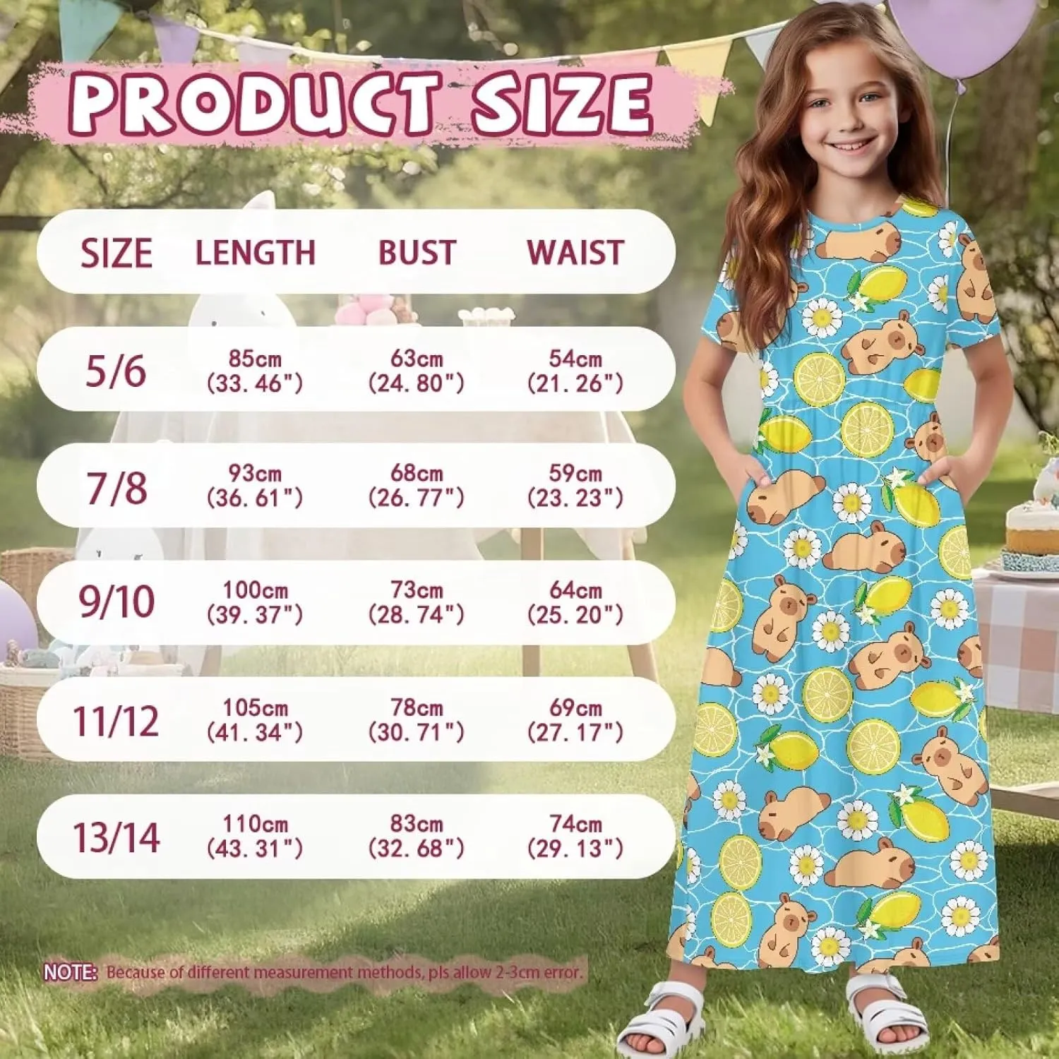 Girls Maxi Dress with Pockets Short Sleeve Swing Flowy Dress Holiday Dresses Summer Beach Sundress for 5-14 Years