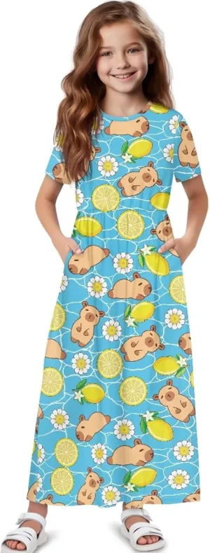 Girls Maxi Dress with Pockets Short Sleeve Swing Flowy Dress Holiday Dresses Summer Beach Sundress for 5-14 Years