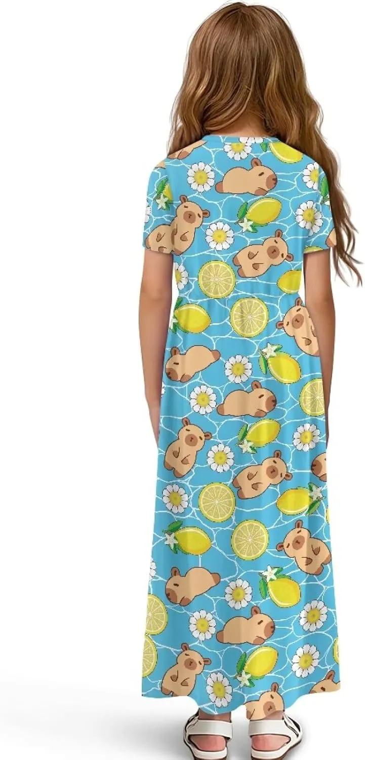 Girls Maxi Dress with Pockets Short Sleeve Swing Flowy Dress Holiday Dresses Summer Beach Sundress for 5-14 Years