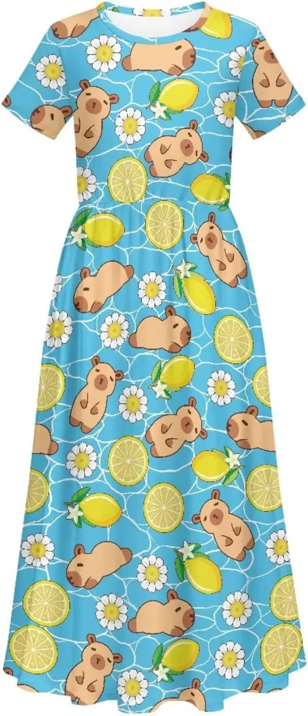 Girls Maxi Dress with Pockets Short Sleeve Swing Flowy Dress Holiday Dresses Summer Beach Sundress for 5-14 Years