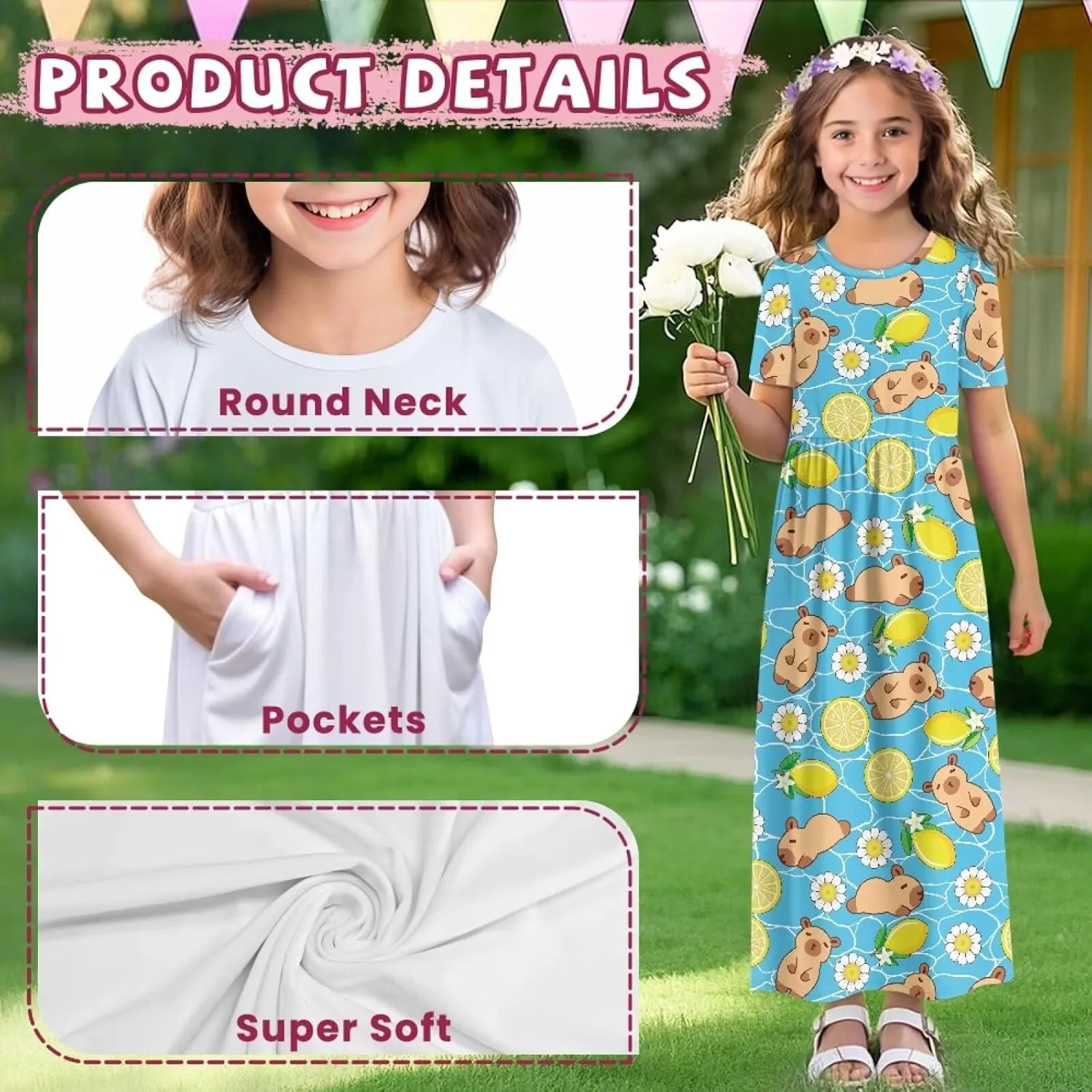 Girls Maxi Dress with Pockets Short Sleeve Swing Flowy Dress Holiday Dresses Summer Beach Sundress for 5-14 Years