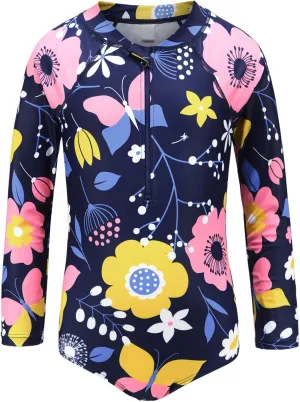 Girls One Piece Swimsuits Long Sleeve Rash Guard for Kids Girls Hawaiian Swim Shirts UPF 50  Sun Protection