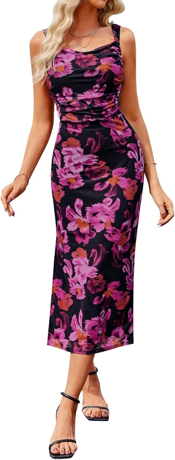 GRACE KARIN Mesh Dress for Women Tie Dye Bodycon Midi Stetchy Wedding Square Neck Party Cocktail