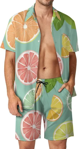 Grapefruit And Orange Mens Swimsuit 2 Pieces Set Quick Dry Shorts Shirts Summer Button Down Short Sleeve Set