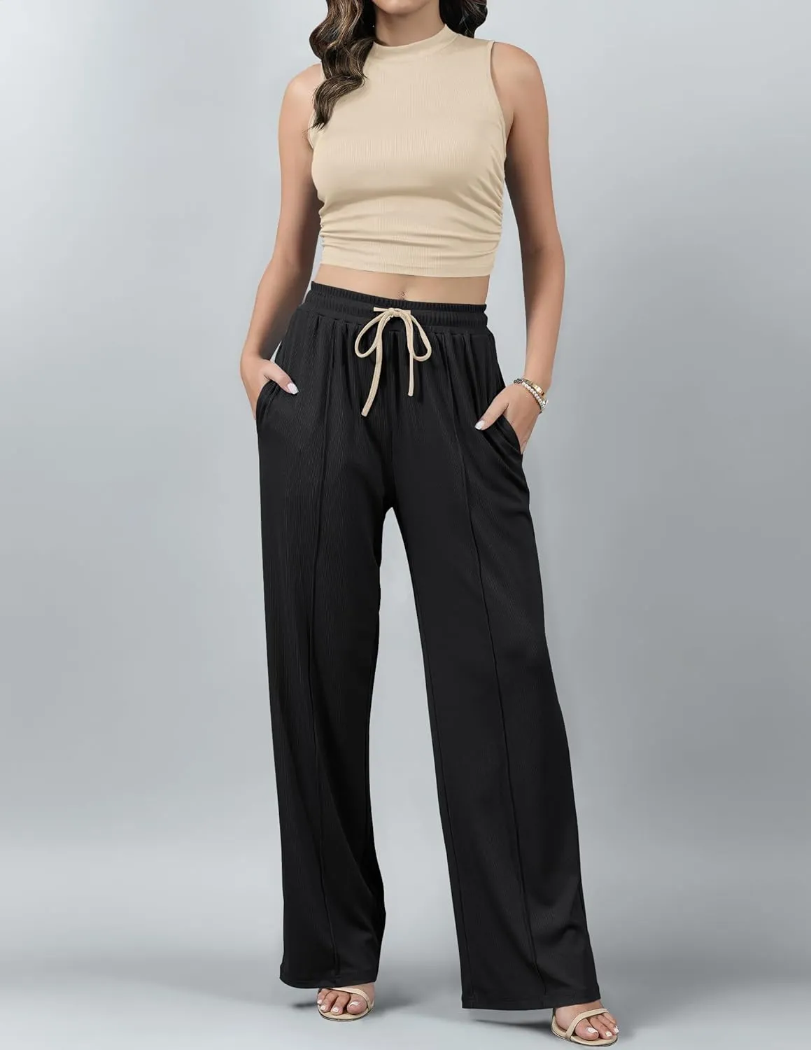 HAEOF Women's Summer 2 Piece Outfits Ribbed Knit Sleeveless Crop Tops Elastic High Waist Wide Leg Pants Matching Lounge Set