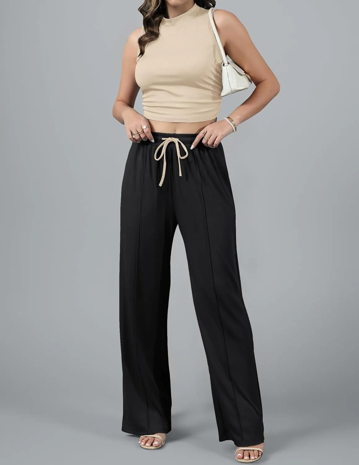 HAEOF Women's Summer 2 Piece Outfits Ribbed Knit Sleeveless Crop Tops Elastic High Waist Wide Leg Pants Matching Lounge Set