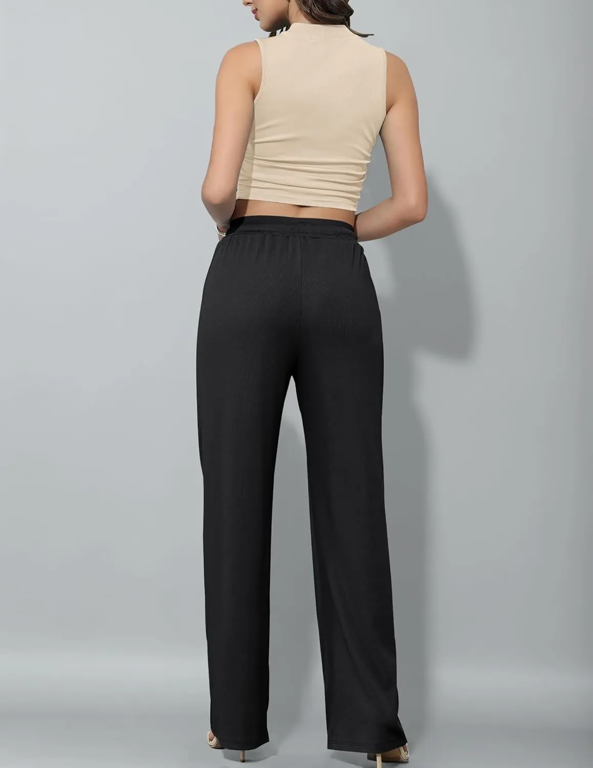 HAEOF Women's Summer 2 Piece Outfits Ribbed Knit Sleeveless Crop Tops Elastic High Waist Wide Leg Pants Matching Lounge Set
