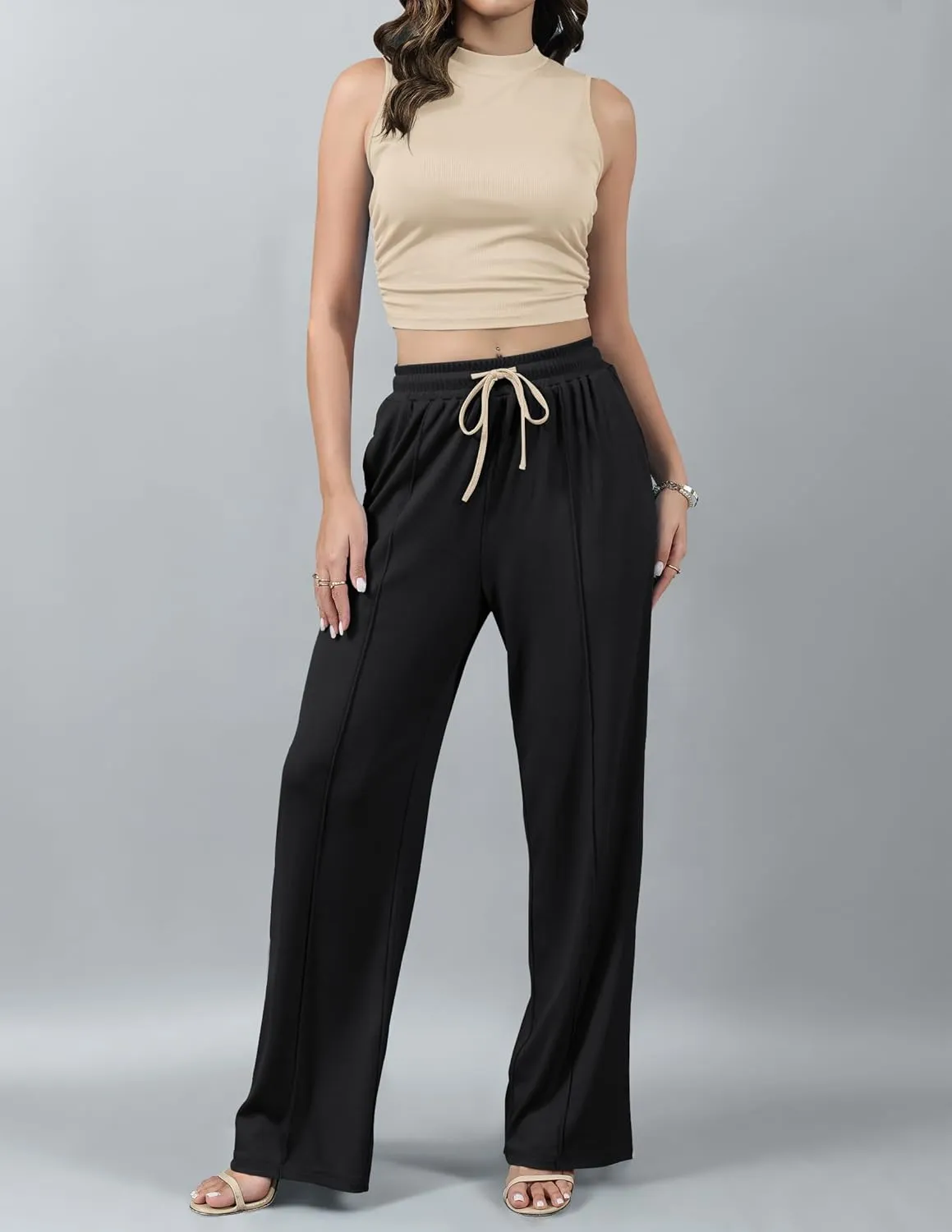 HAEOF Women's Summer 2 Piece Outfits Ribbed Knit Sleeveless Crop Tops Elastic High Waist Wide Leg Pants Matching Lounge Set