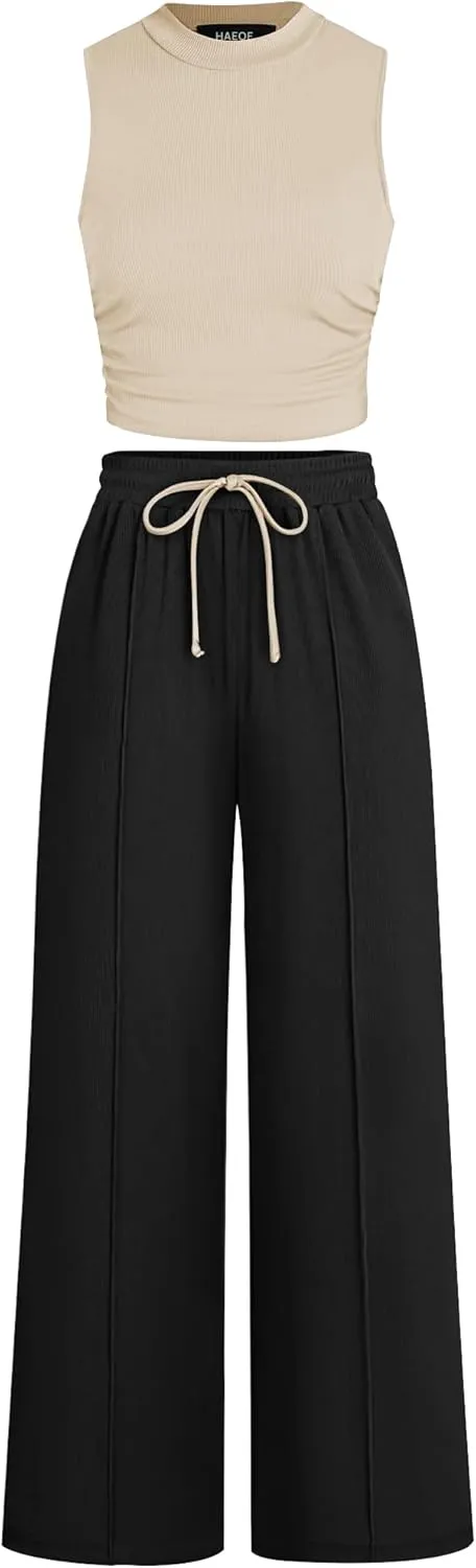 HAEOF Women's Summer 2 Piece Outfits Ribbed Knit Sleeveless Crop Tops Elastic High Waist Wide Leg Pants Matching Lounge Set
