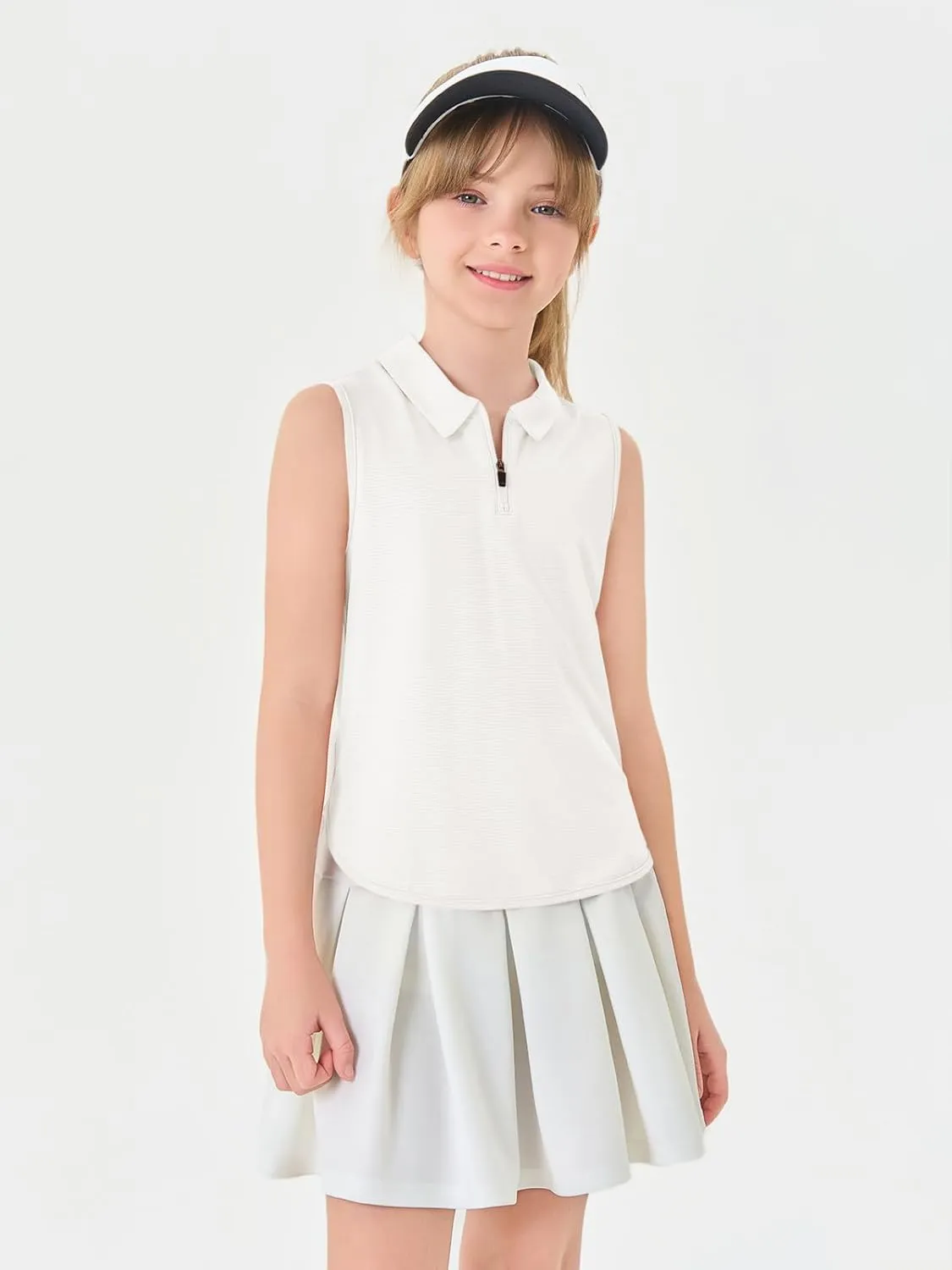 Haloumoning Girls Athletic Sleeveless Golf Polo Shirts Kids Quarter Zip Quick Dry Workout Tank Tops 5-14 Years