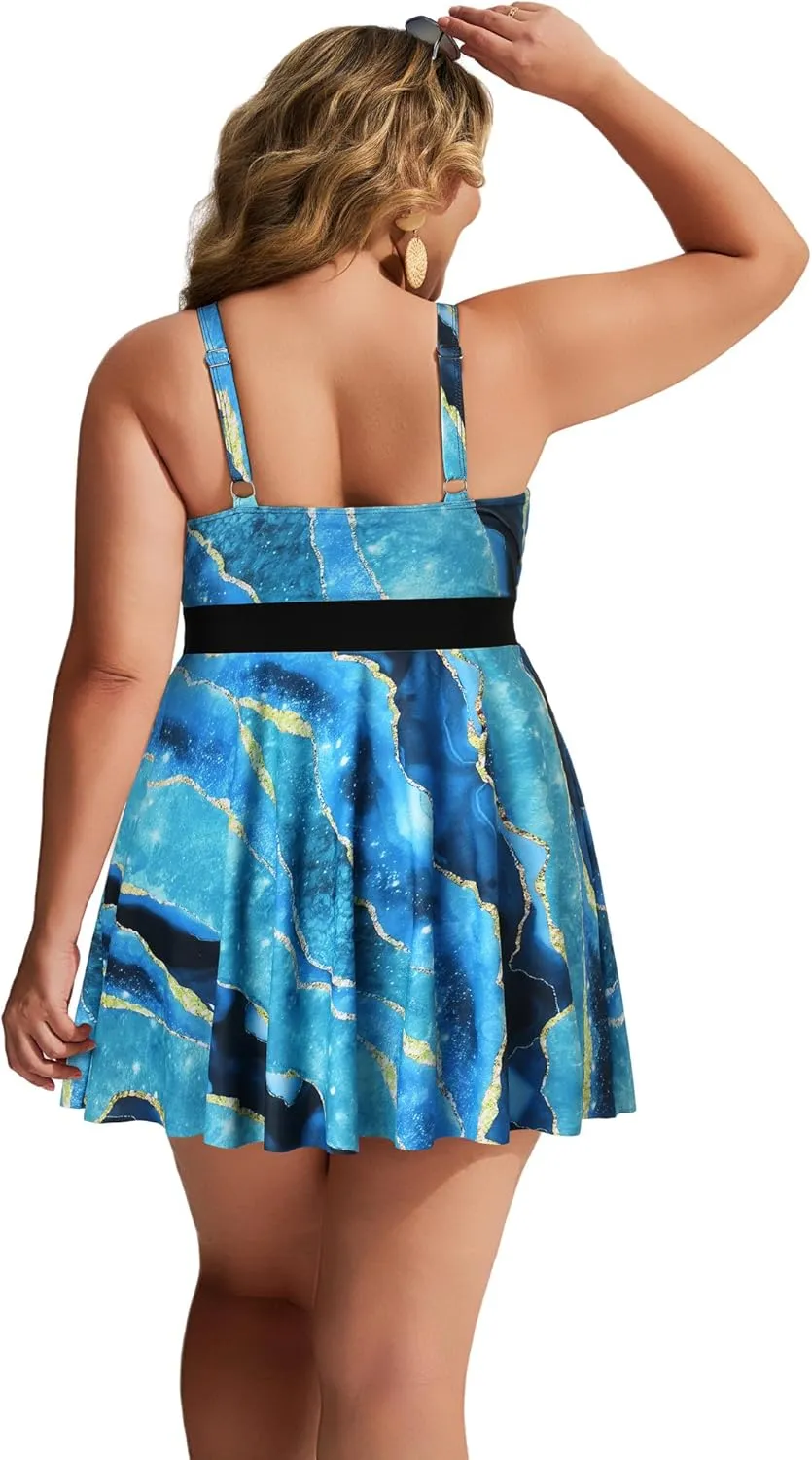 Hanna Nikole Womens Plus Size Tankini Swimdress Two Piece Tummy Control Flowy Swimsuit with Boyshorts
