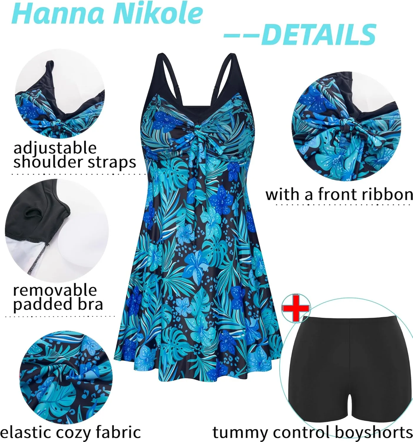 Hanna Nikole Women's Two Piece Swim Dress Plus Size Tummy Control Floral Printed Swimwear Swimsuits with Boyshort