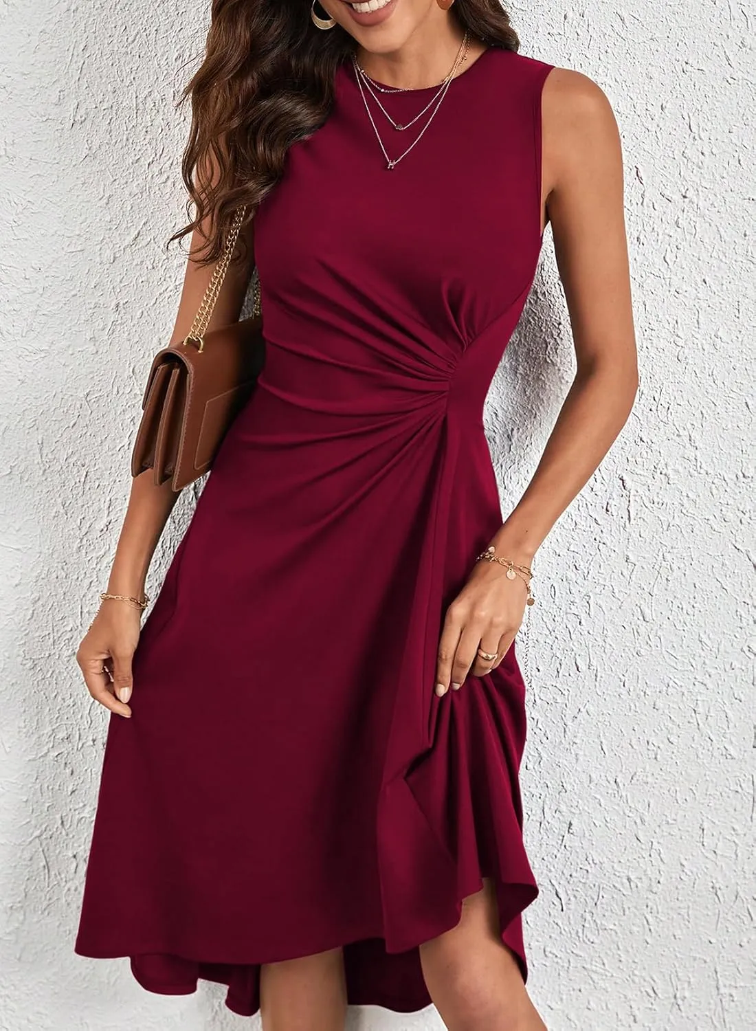 Happy Sailed Women's Summer Sleeveless Ruched Waist Flowy A Line High Low Midi Cocktail Party Dress