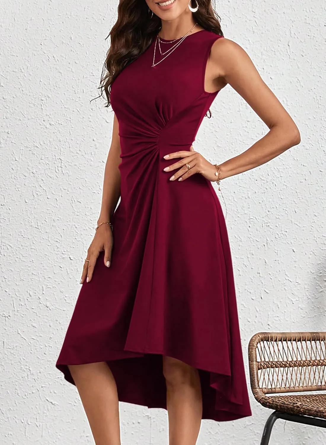 Happy Sailed Women's Summer Sleeveless Ruched Waist Flowy A Line High Low Midi Cocktail Party Dress