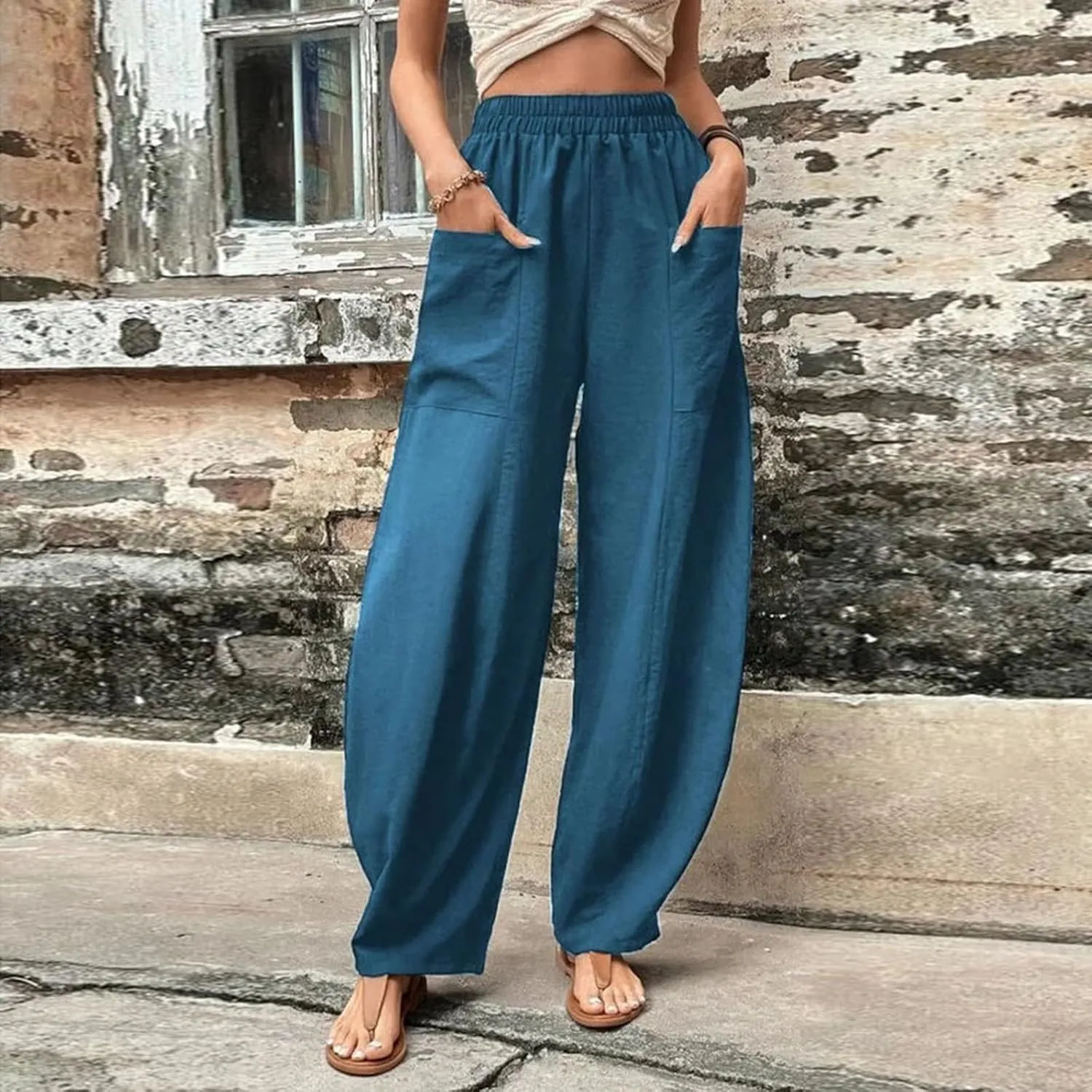 Harem Pants for Women Casual Comfy Cotton Lightweight Summer Beach Yoga Pants Elasitc Trousers Joggers with Pockets