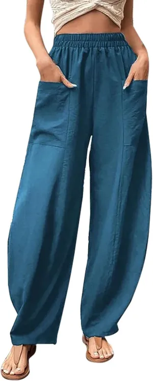 Harem Pants for Women Casual Comfy Cotton Lightweight Summer Beach Yoga Pants Elasitc Trousers Joggers with Pockets