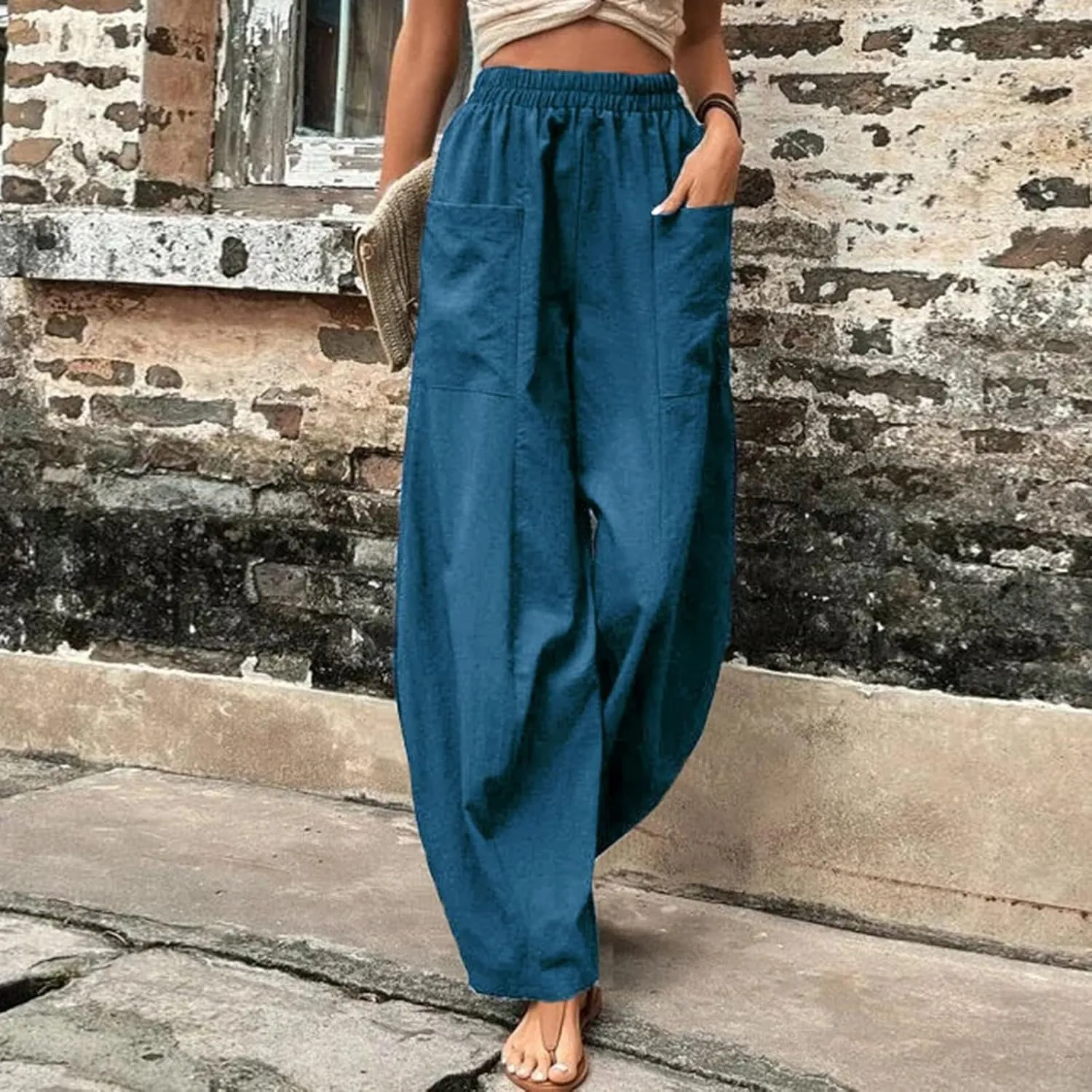 Harem Pants for Women Casual Comfy Cotton Lightweight Summer Beach Yoga Pants Elasitc Trousers Joggers with Pockets