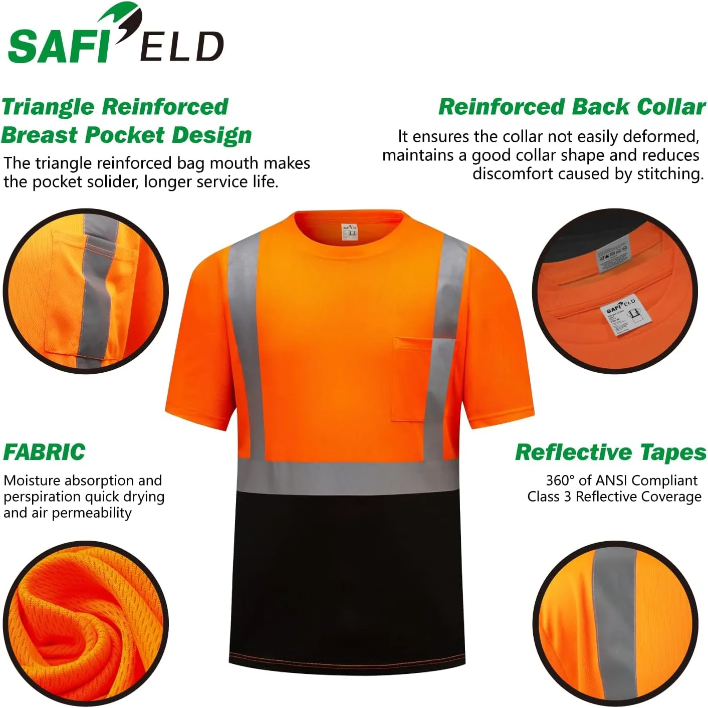 Hi Vis Safety Shirts for Men Reflective,High Visibility Work T-shirt Short Sleeve with Pocket, 3 and 5 Pack