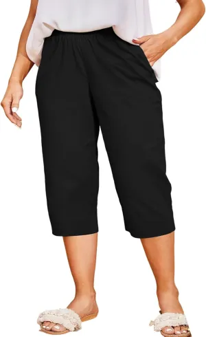 High Waisted Cotton Linen Capri Pants Women - Plus Size High Rise Breathable Trousers with Pocket for Summer Beach