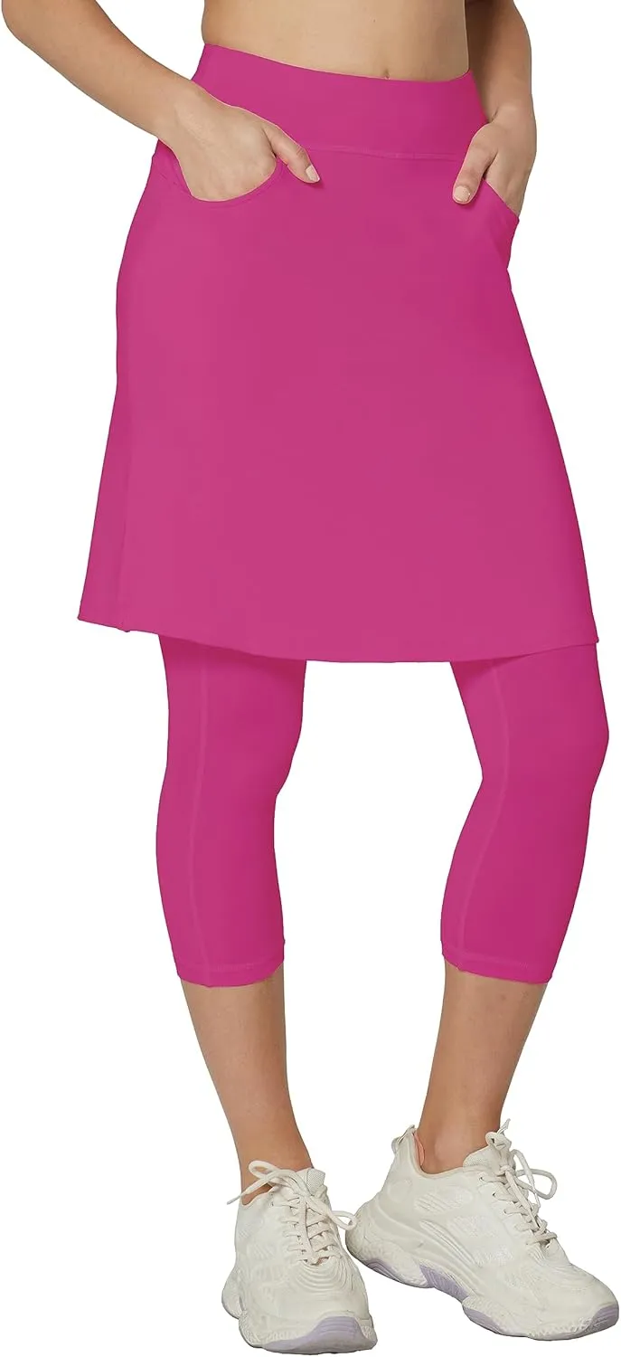 HOKOYI Modest Skirt with Leggings Attached for Women Workout Knee Length Swim Capri Pants with 2 Pockets