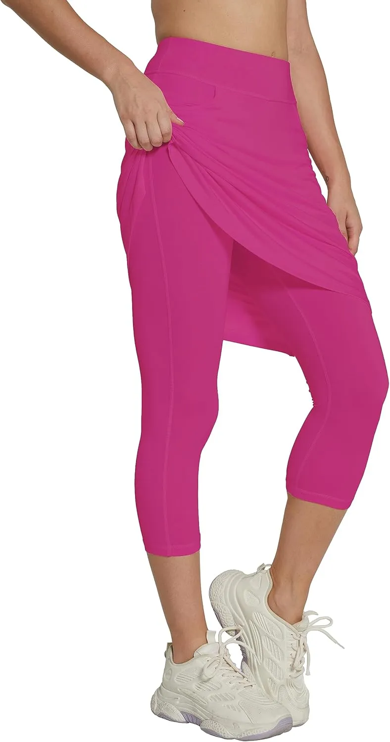 HOKOYI Modest Skirt with Leggings Attached for Women Workout Knee Length Swim Capri Pants with 2 Pockets