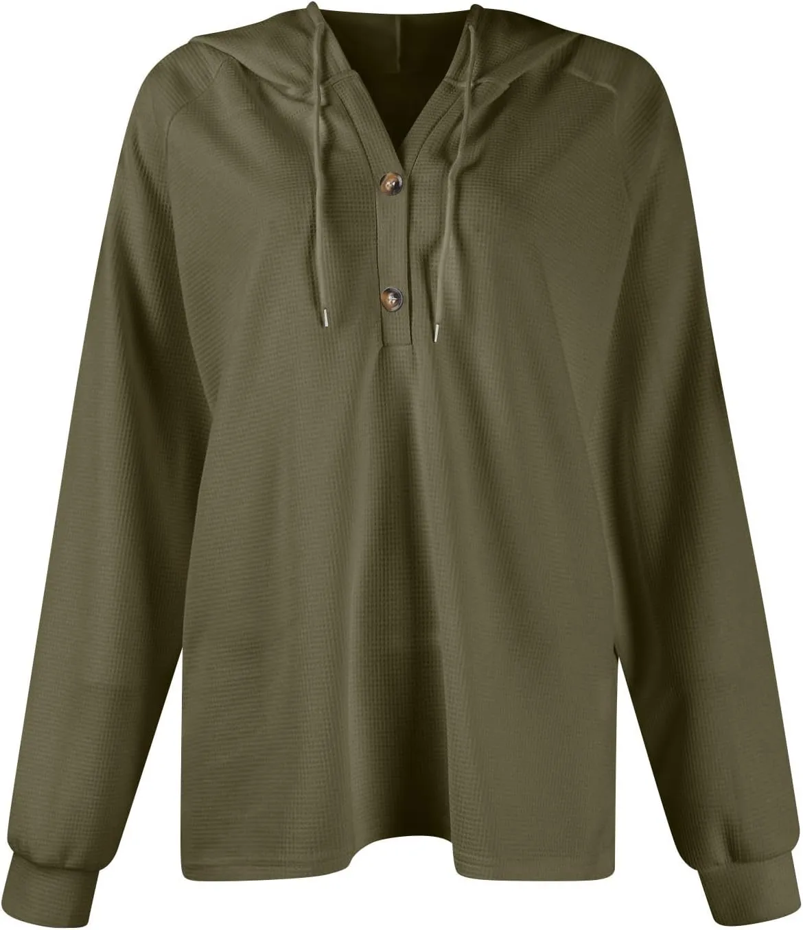 Hoodies for Women Waffle Knit Long Sleeve Drawstring Button V Neck Sweatshirt Comfy Lightweight Hooded Tops