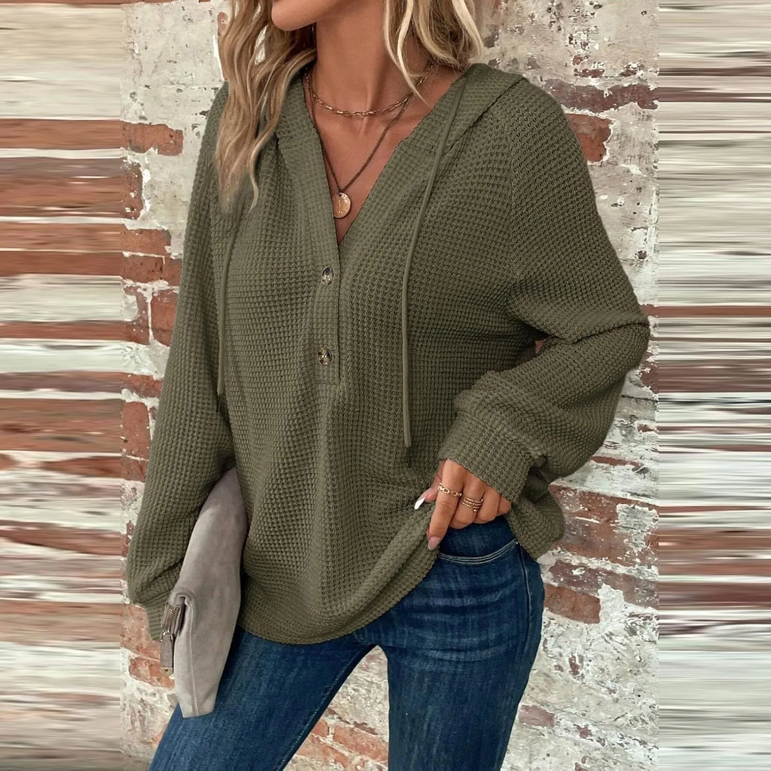 Hoodies for Women Waffle Knit Long Sleeve Drawstring Button V Neck Sweatshirt Comfy Lightweight Hooded Tops