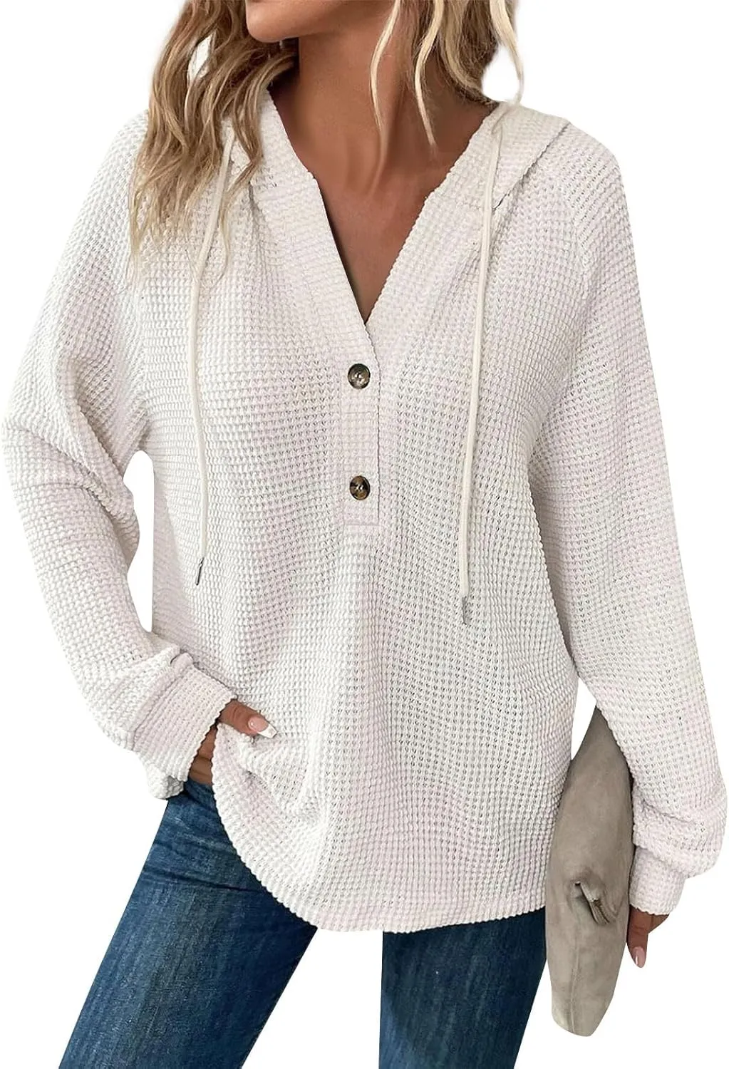 Hoodies for Women Waffle Knit Long Sleeve Drawstring Button V Neck Sweatshirt Comfy Lightweight Hooded Tops