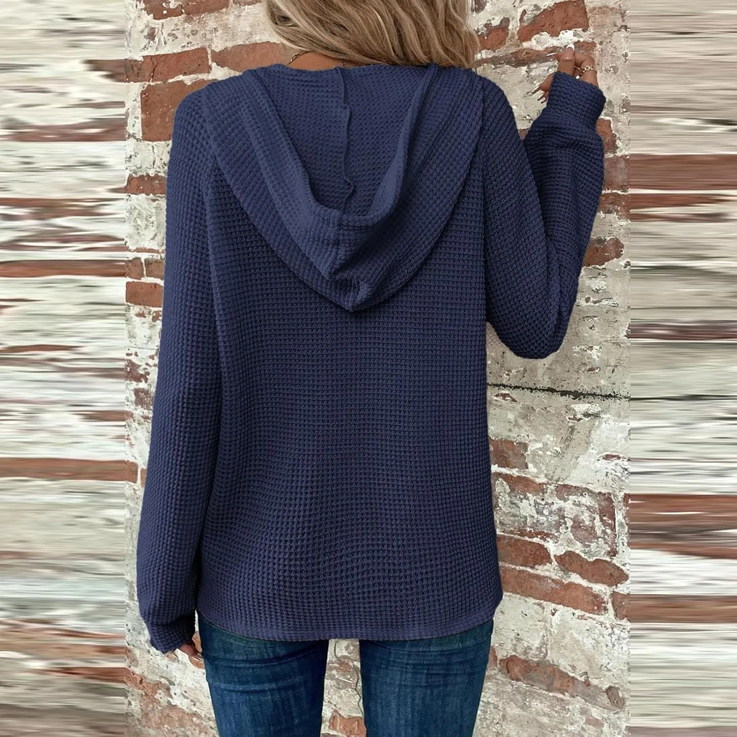 Hoodies for Women Waffle Knit Long Sleeve Drawstring Button V Neck Sweatshirt Comfy Lightweight Hooded Tops