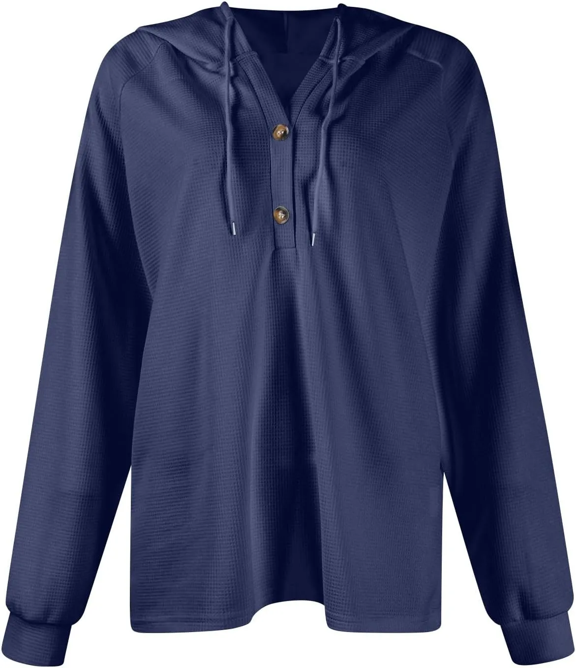 Hoodies for Women Waffle Knit Long Sleeve Drawstring Button V Neck Sweatshirt Comfy Lightweight Hooded Tops