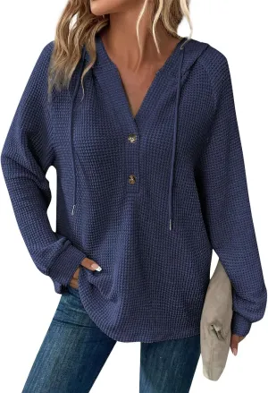Hoodies for Women Waffle Knit Long Sleeve Drawstring Button V Neck Sweatshirt Comfy Lightweight Hooded Tops