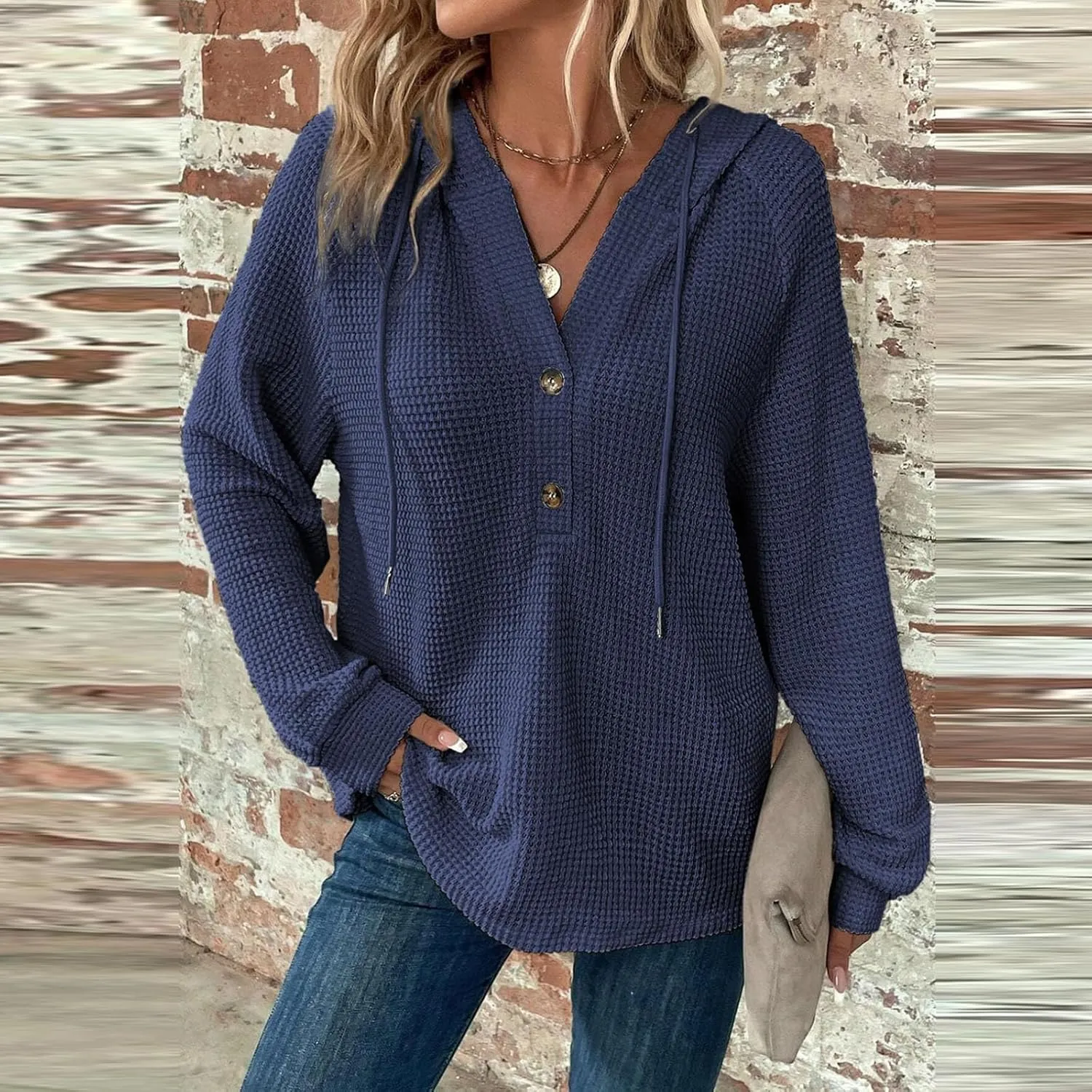 Hoodies for Women Waffle Knit Long Sleeve Drawstring Button V Neck Sweatshirt Comfy Lightweight Hooded Tops