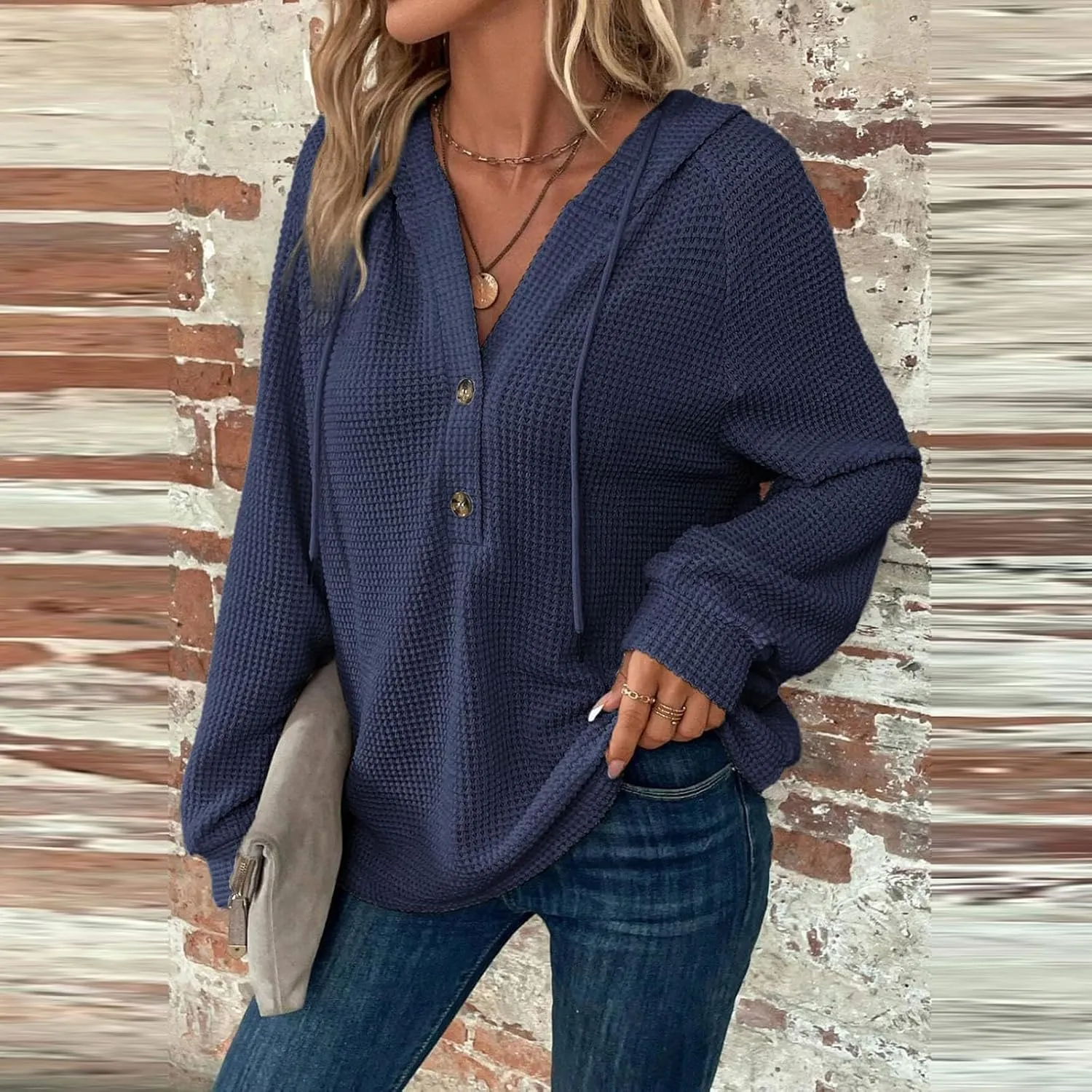 Hoodies for Women Waffle Knit Long Sleeve Drawstring Button V Neck Sweatshirt Comfy Lightweight Hooded Tops